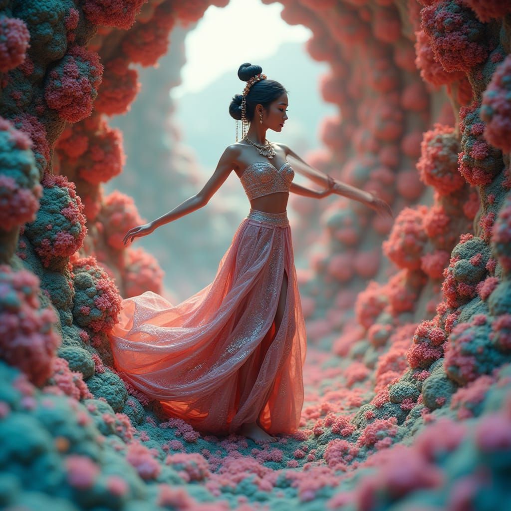 Balinese Dancer in a Fractal Spiral Landscape