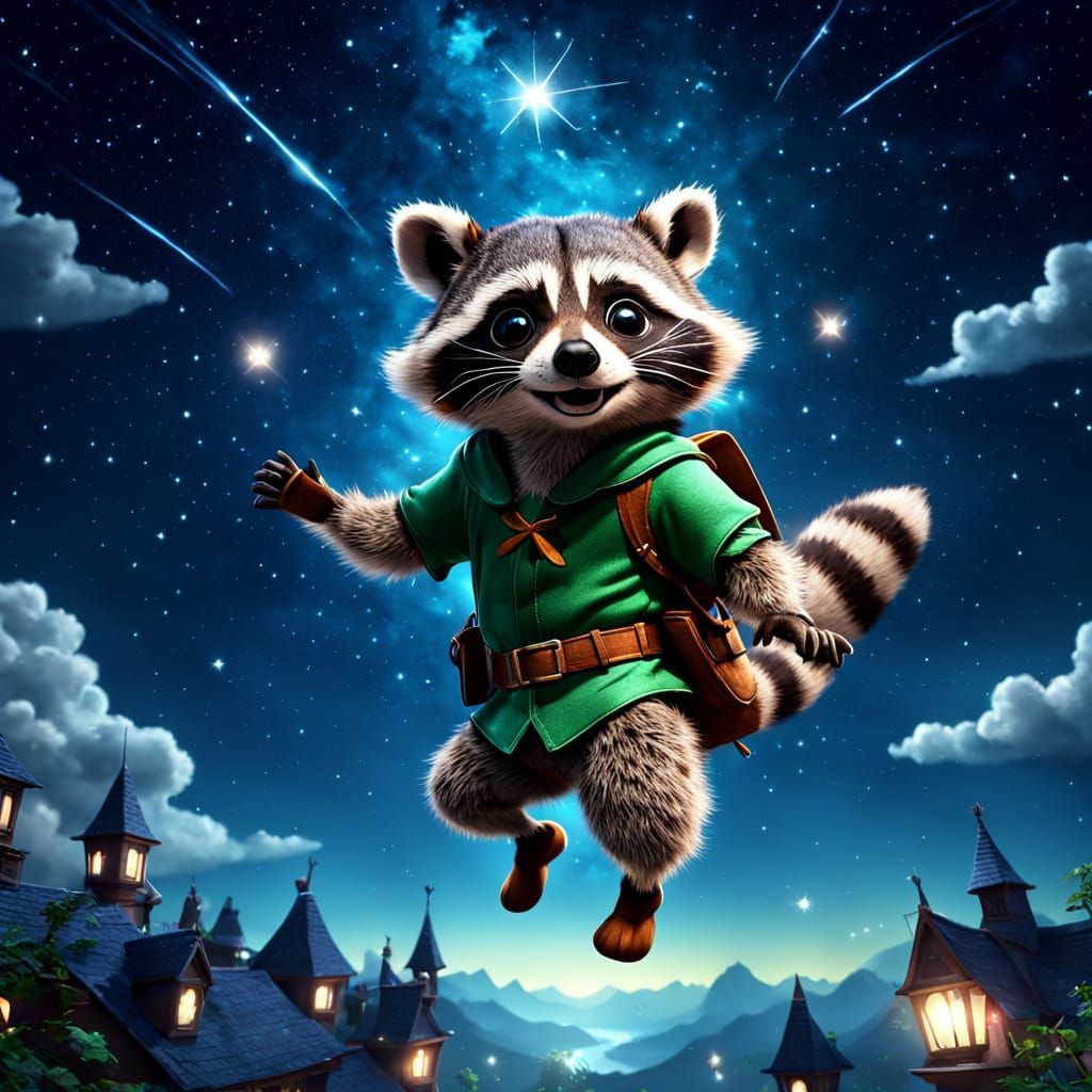 Whimsical Peter Pan Raccoon Soars Through Starlit Sky