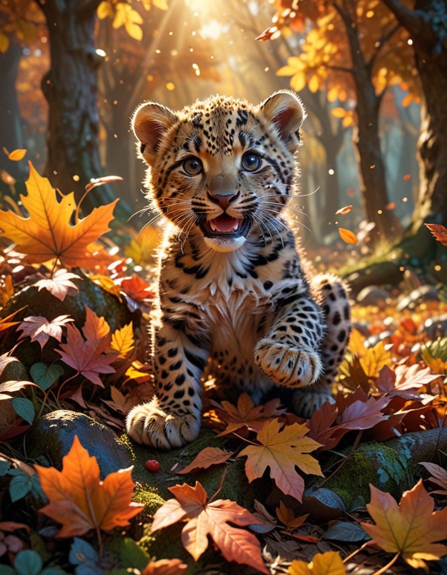Fluffy Leopard Cub Leaping Into Autumn Leaves