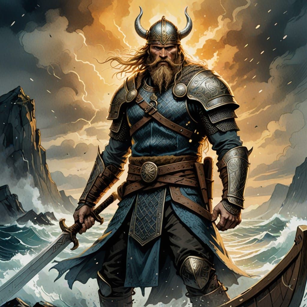Viking Warrior Stands Tall on Longboat Amidst Golden Light