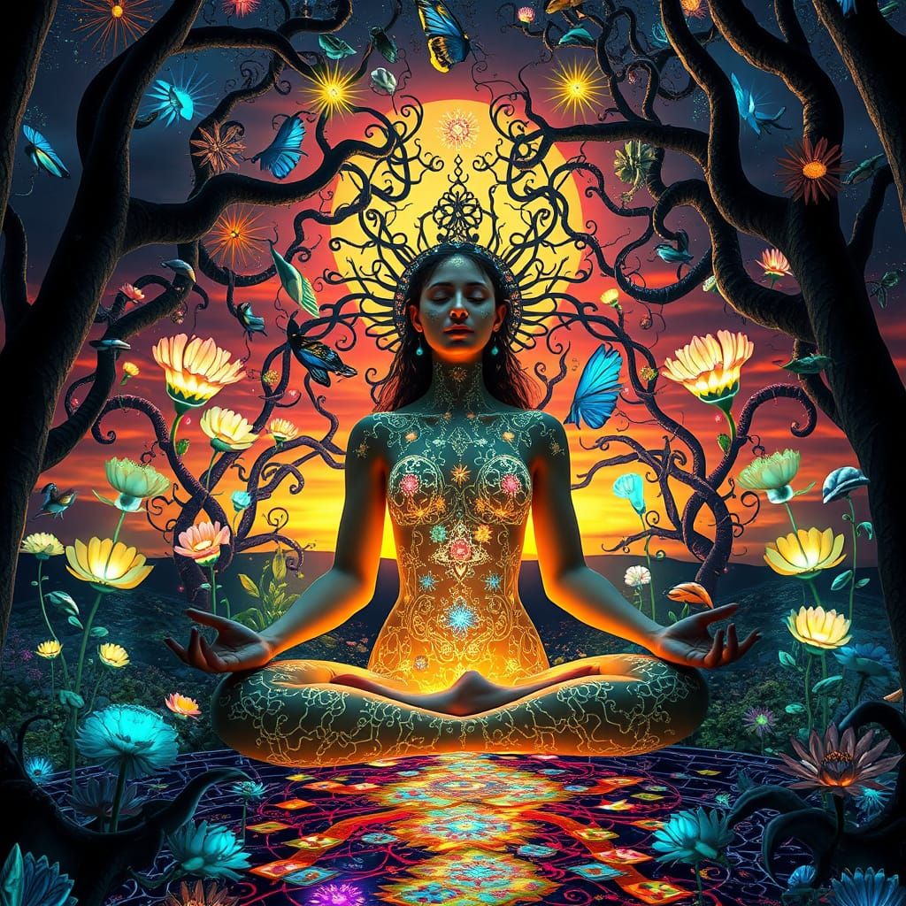 Surrealist Goddess in a Dreamlike Labyrinth of Light and Col...