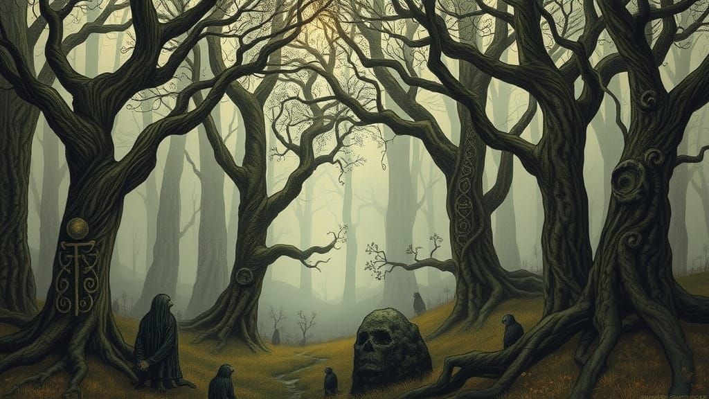 Mystical Celtic Forest Landscape in Whimsical Illustration S...