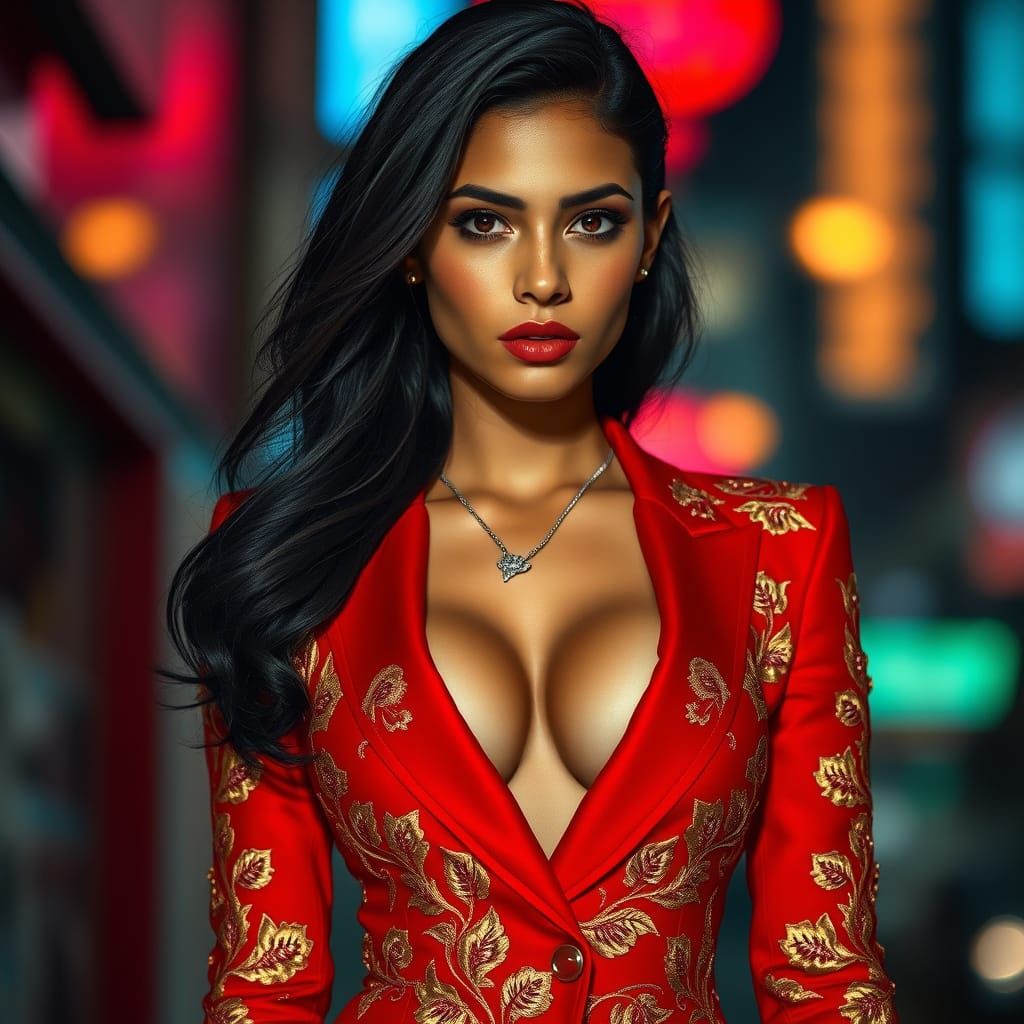 Elegant Woman in Red Blazer with Gold Embroidery