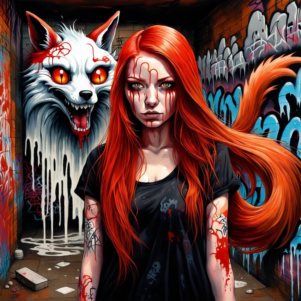 Kitsune Girl with Ghost in Graffiti Underground