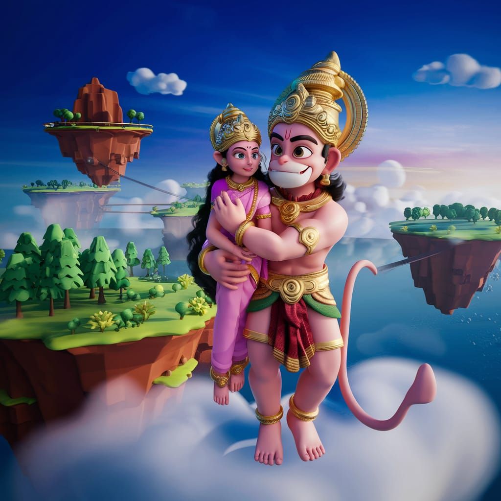 Hanuman Reassures Sita in a 3D Cartoon Style