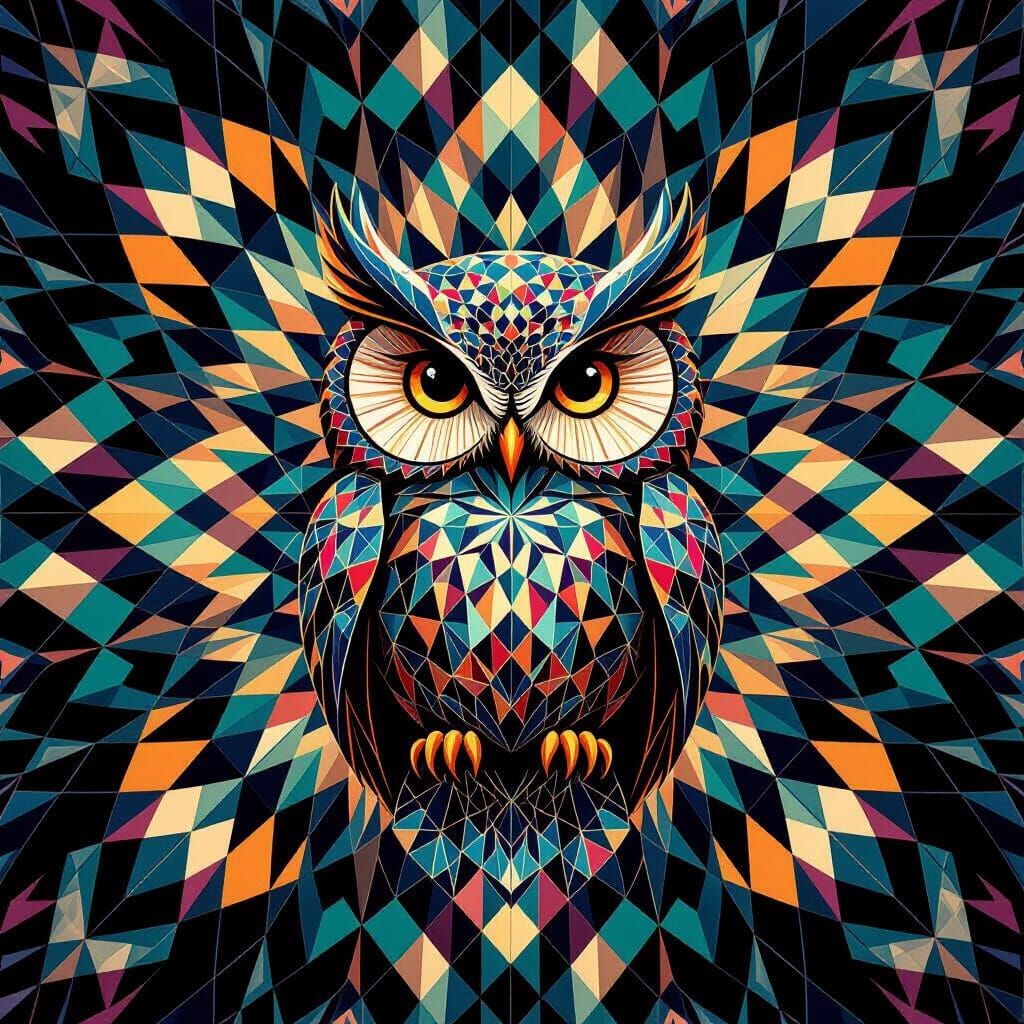 Abstract Kaleidoscope Owl with Symmetrical Patterns