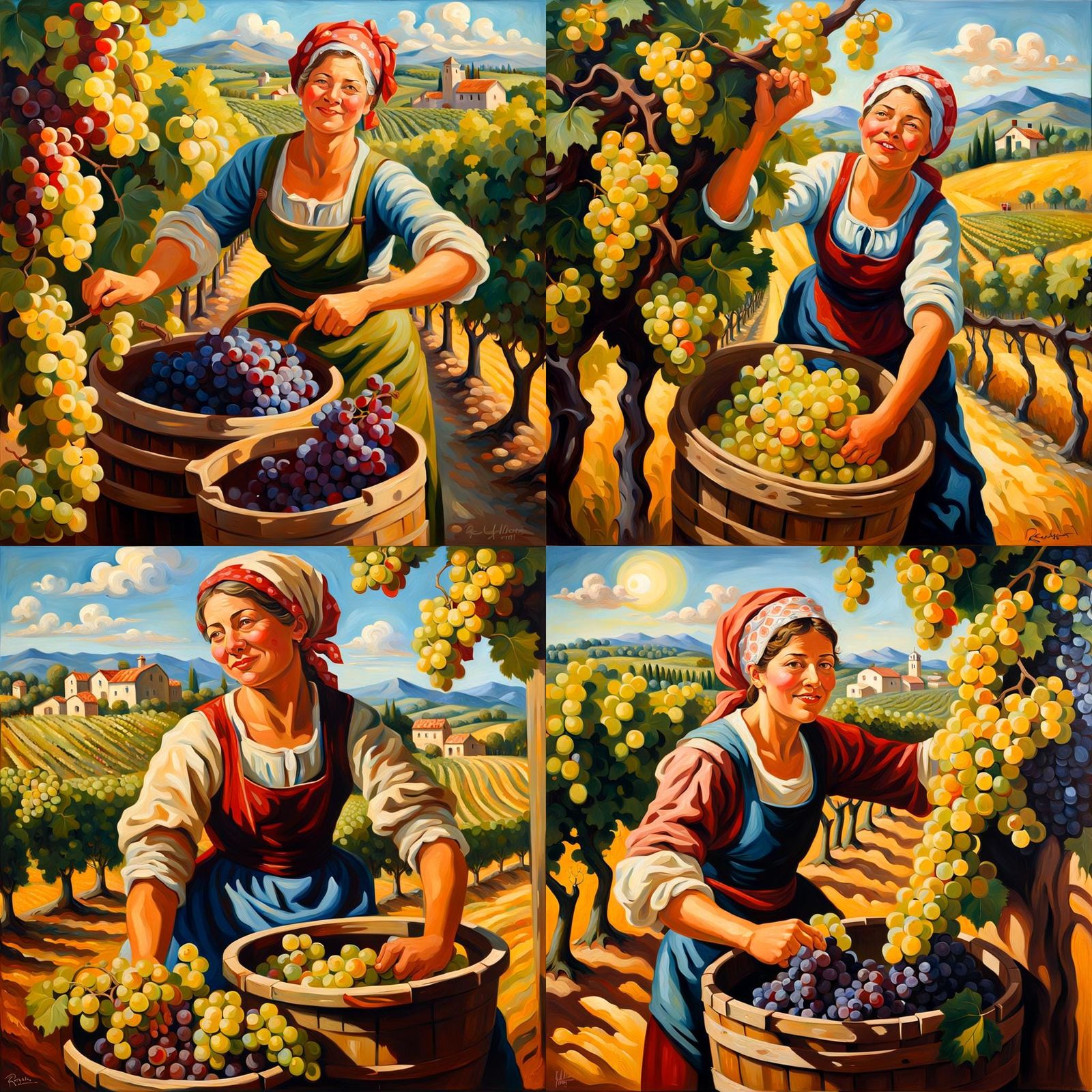 Woman Harvesting Grapes in Sunlit Vineyard: Impasto Oil Pain...