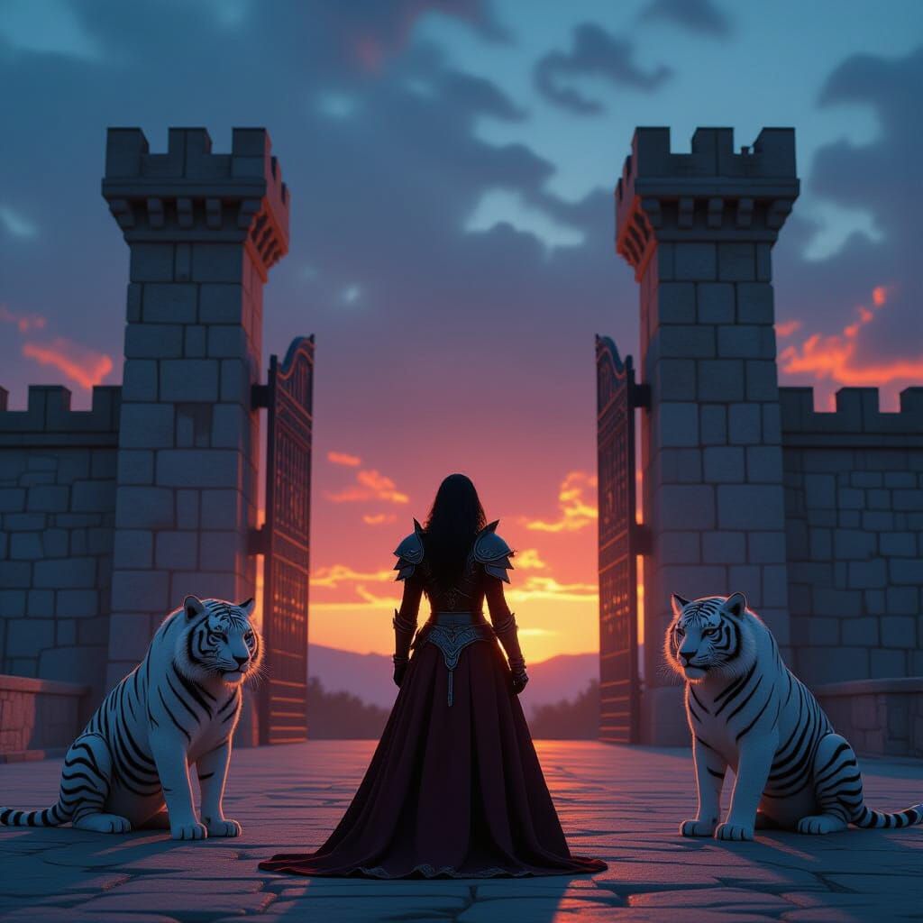 Battle-Worn Princess Guarding Stone Gate with Tigers