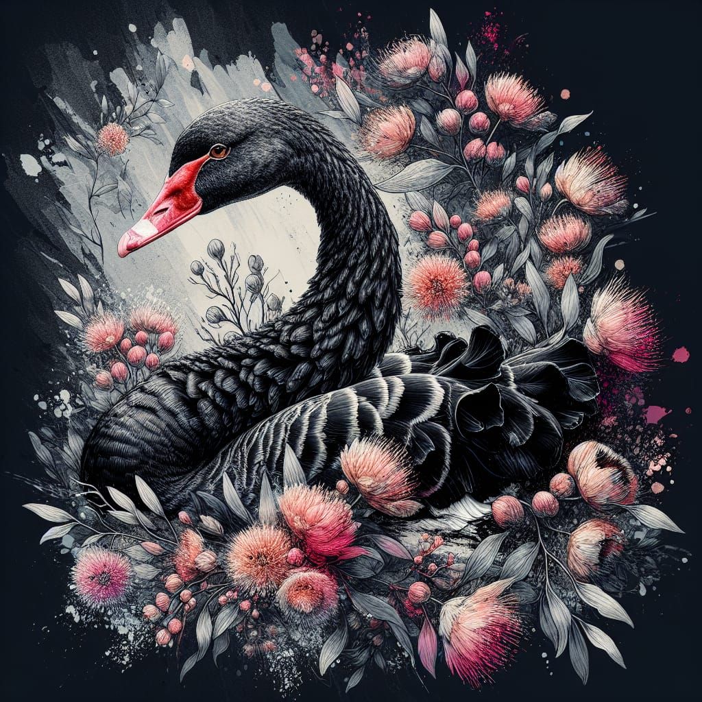 Detailed Black Swan in Oil Paint with Gum Blossoms
