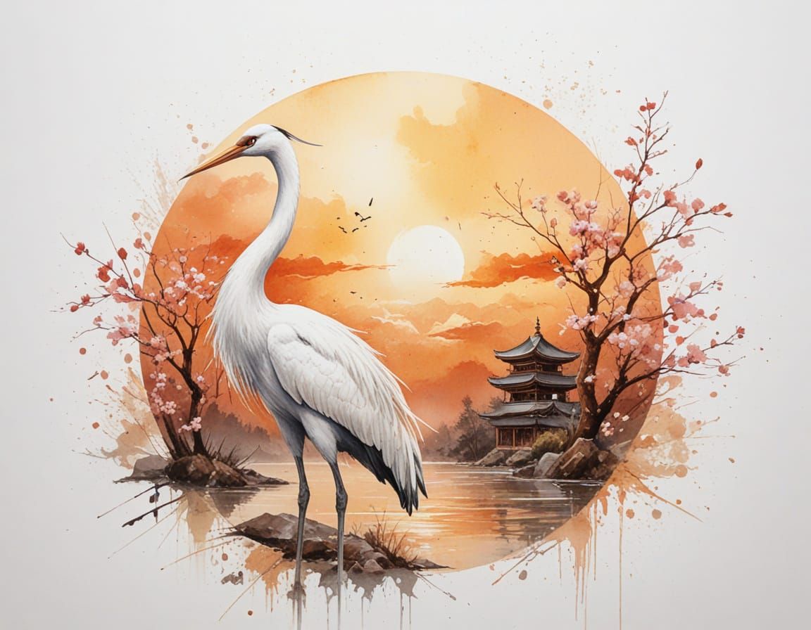 Graceful Crane Amidst Cherry Blossoms at Sunset
