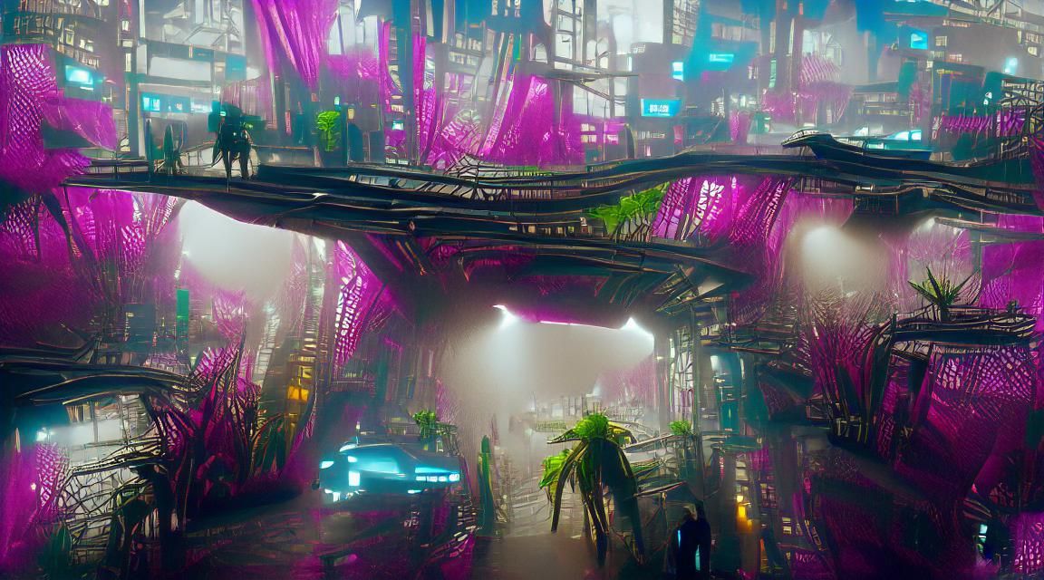 Alien World with Plant Buildings in Cyberpunk Style