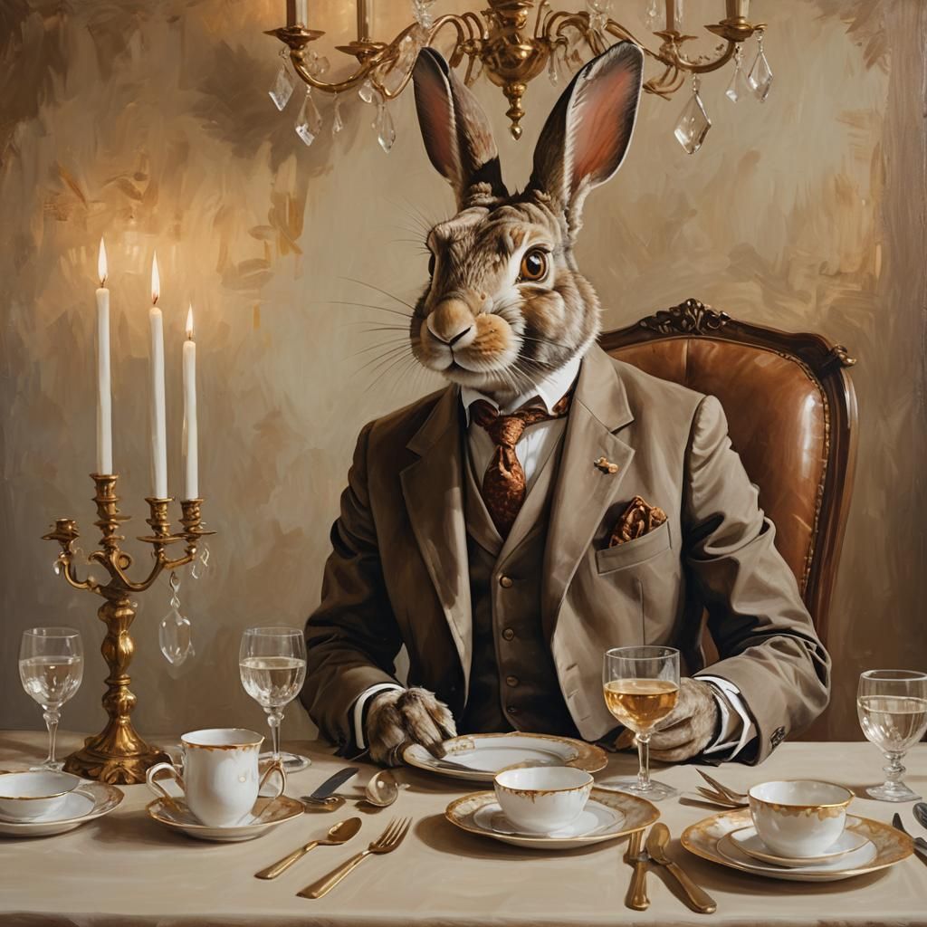Rabbit Gentleman at Dinner: Classical Oil Painting