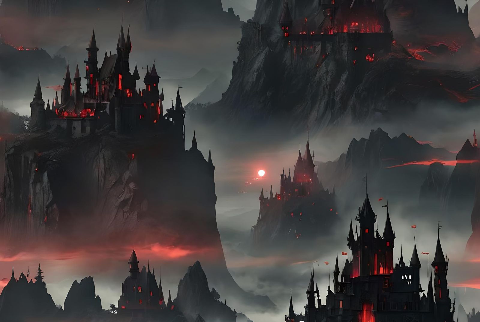 Dark Fantasy Castle Under Blood Moon, Detailed Matte Paintin...