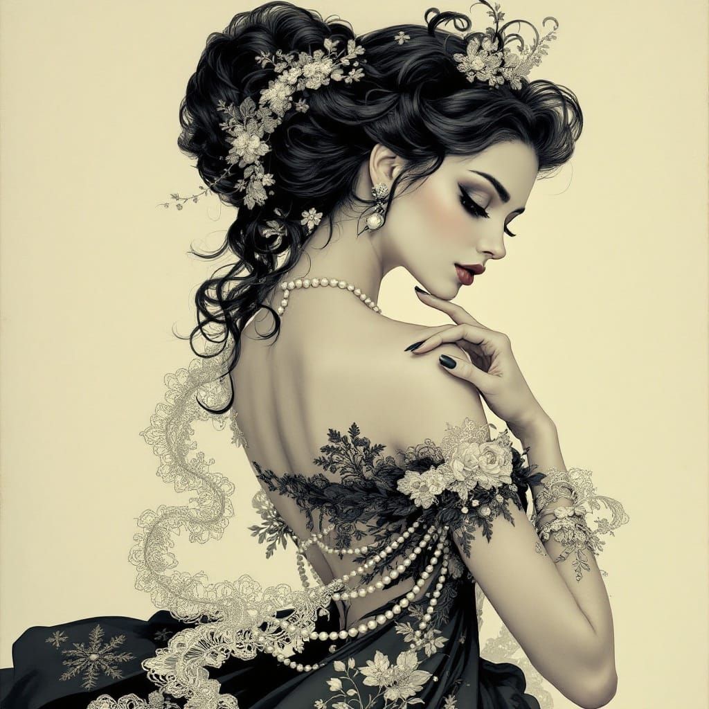 Elegant Woman in Baroque Style, Inspired by Alphonse Mucha