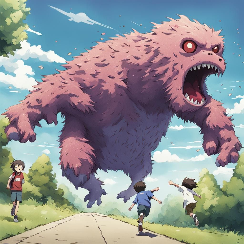 Anime Monster Friend Chasing Energetic Kid