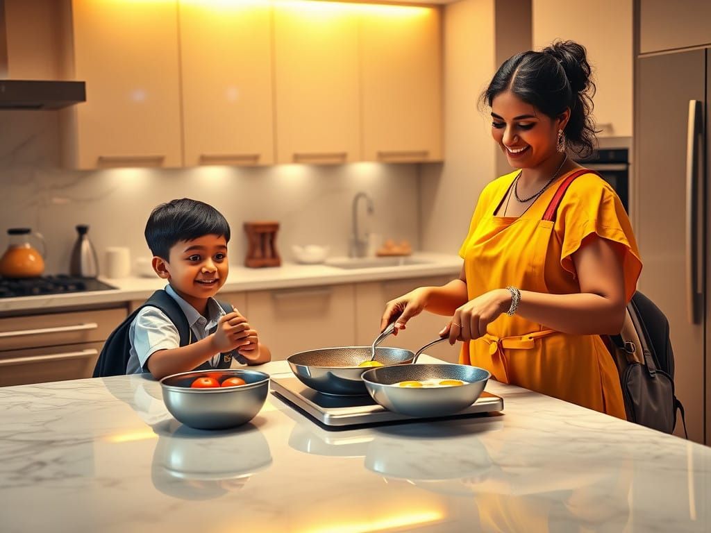 Warm and Vibrant Indian Family Breakfast Scene in Futuristic...