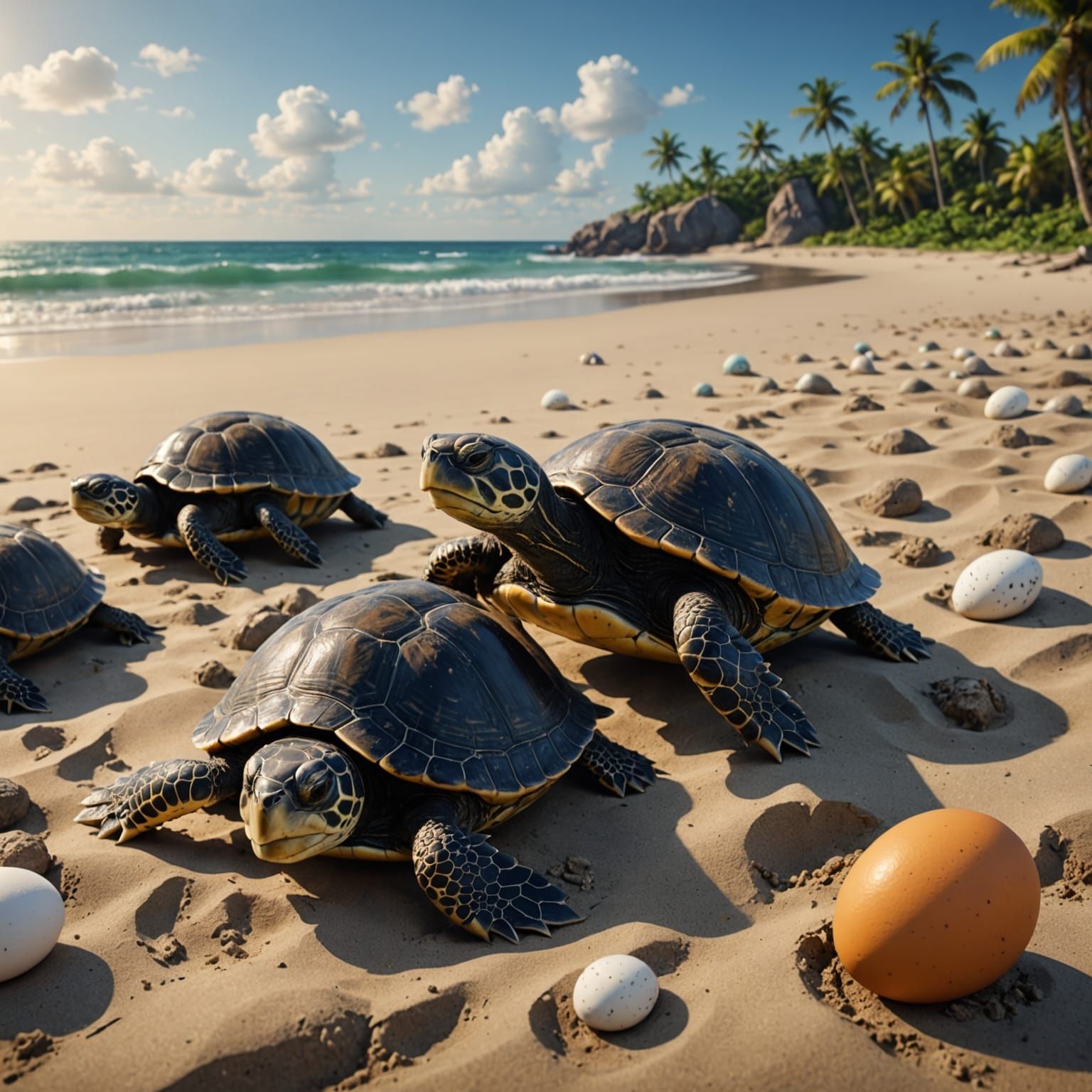 Fantastical Beach Scene with Baby Turtles