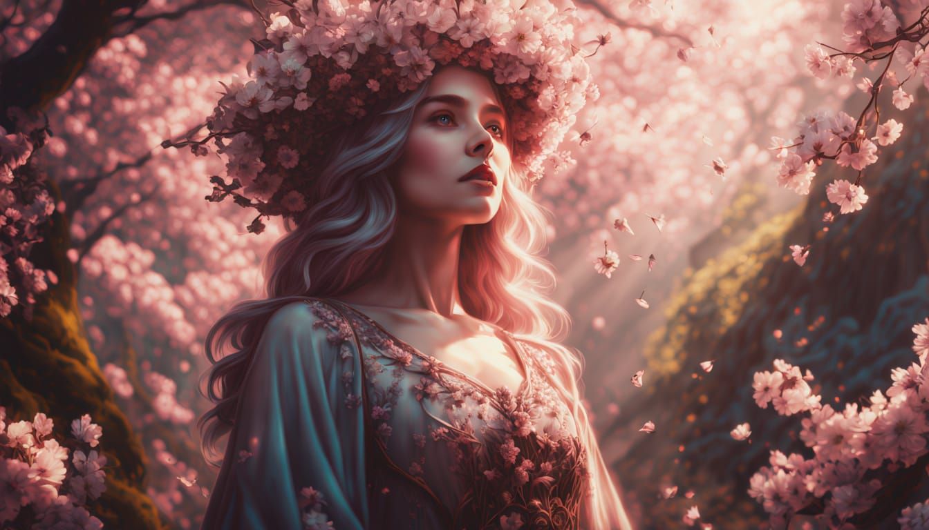 Ethereal Blossom Witch Amidst Vibrant Floral Whirlwind