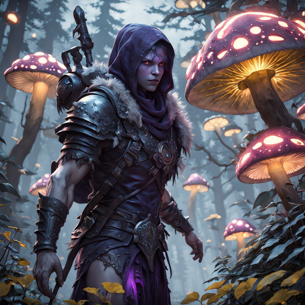 Albino Drow Hunter in Bioluminescent Forest