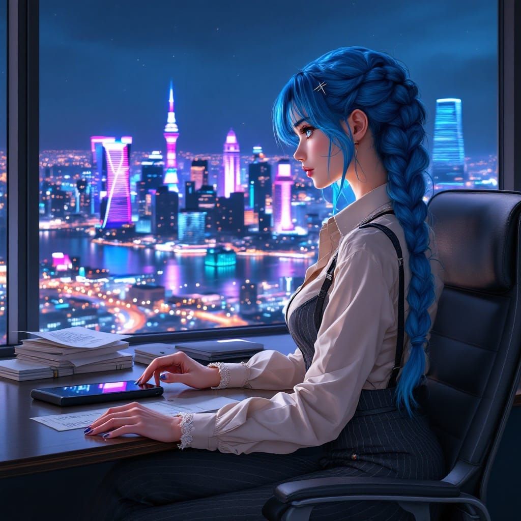 Anime Girl in Business Attire, Electric Blue Hair, Hyperreal...