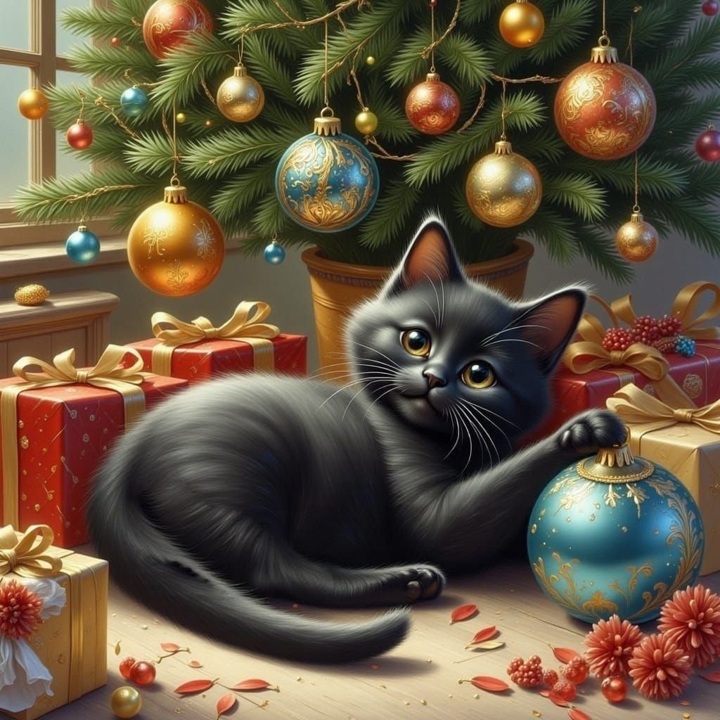 Adorable Christmas Kitten Playing Under the Tree