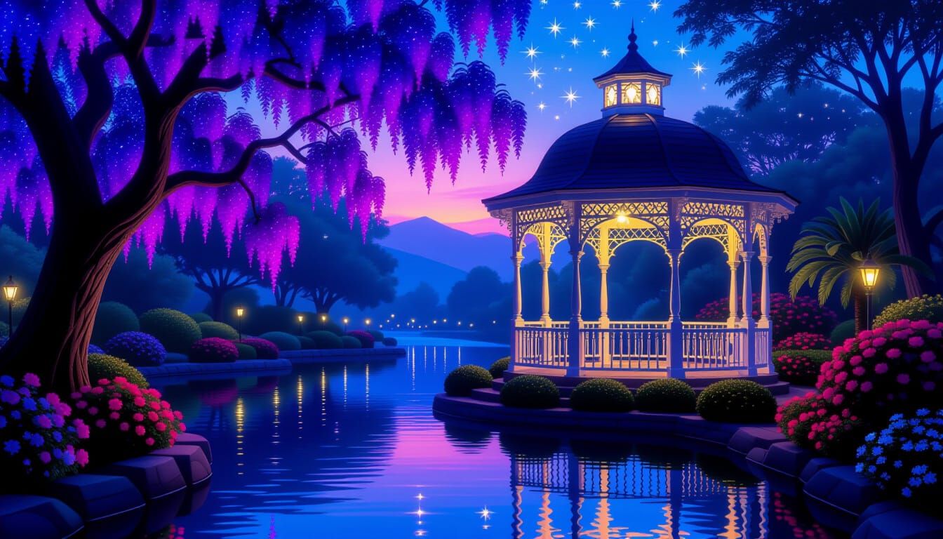 Bioluminescent Gazebo in a Kaleidoscopic Garden