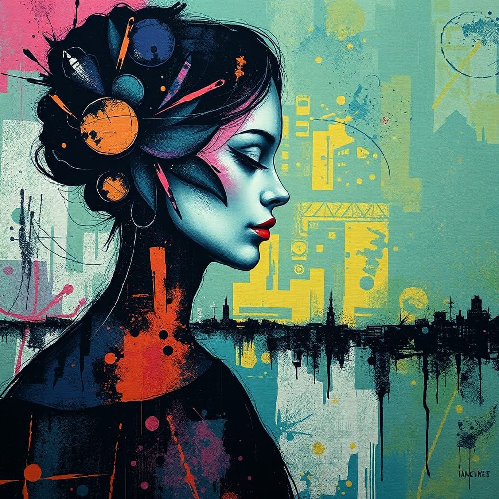 Abstract Jazz Expressionist Batik of a Moody Woman