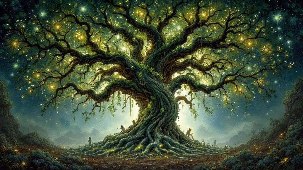 Bioluminescent Tree of Life in Art Nouveau Style