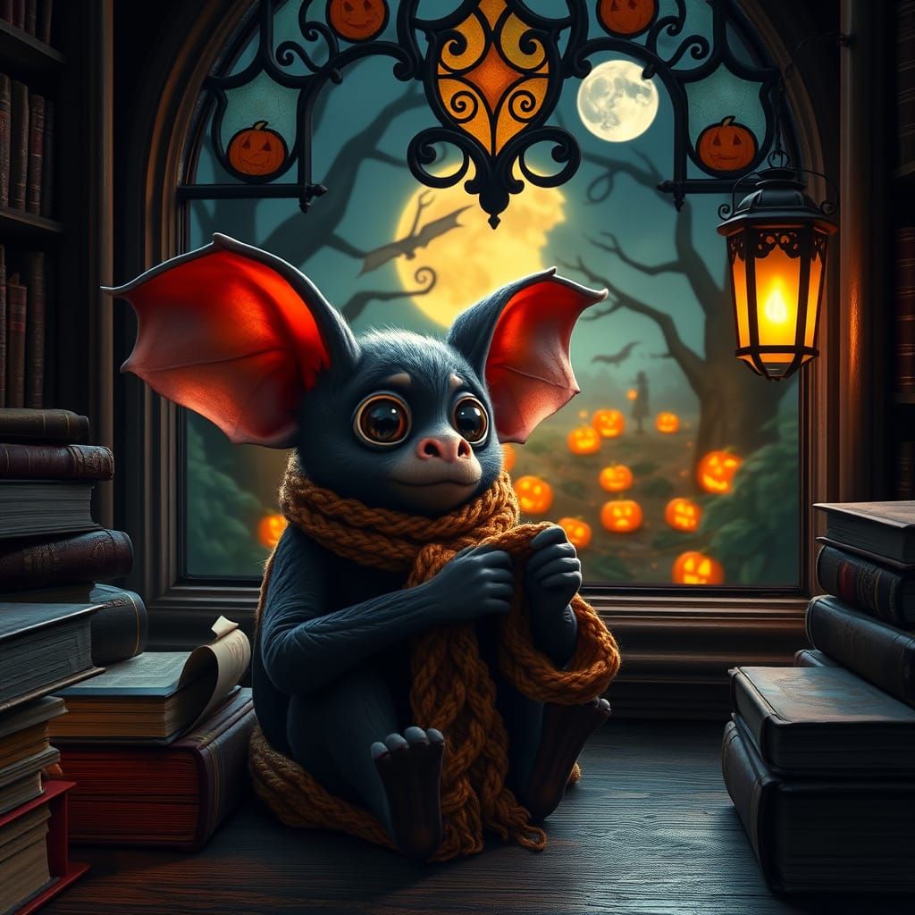Cozy Library Scene with Crocheting Bat