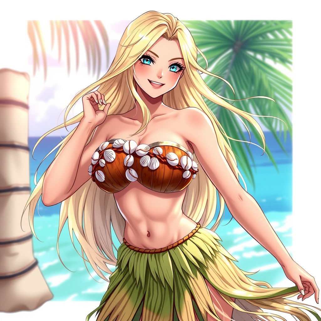 Anime-Style Woman in Coconut Bra and Grass Skirt