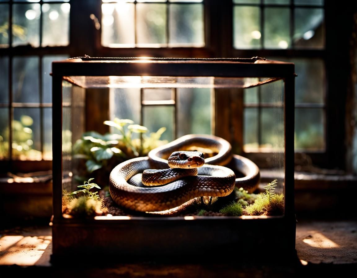 Creepy Viper Snake in Rusty Terrarium with Sunrays