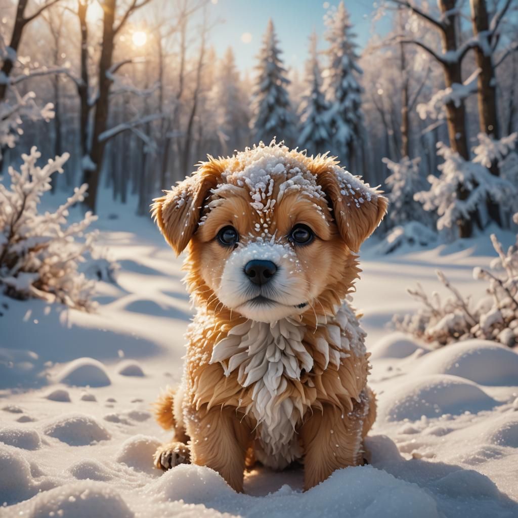 Puppy Covered in Snow: 3D Digital Art