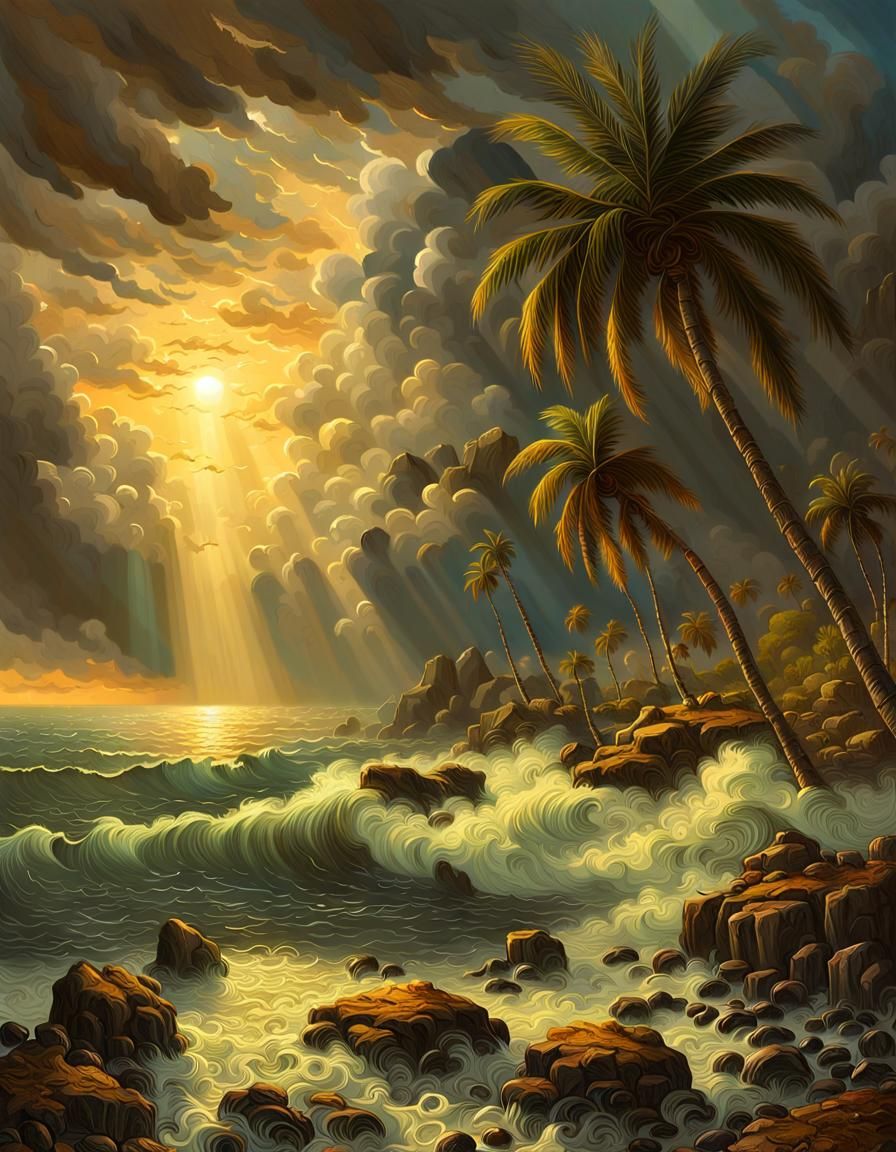 Baroque Fantasy Landscape with Stormy Sky and Divine Light