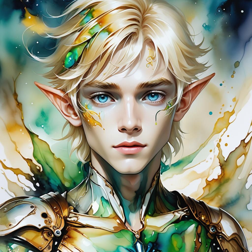Ethereal Elf Cyborg in Alcohol Ink Style