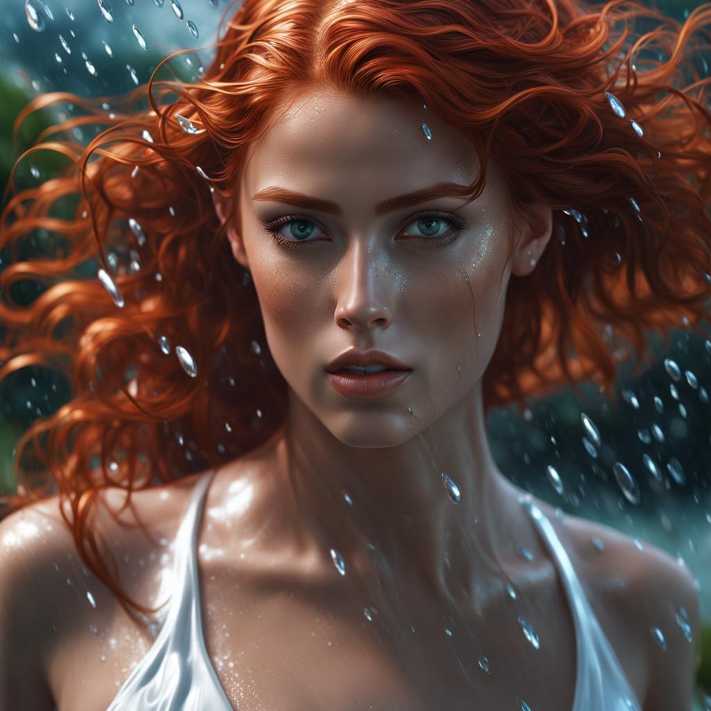 Hyperrealistic Red-Haired Woman in Rain