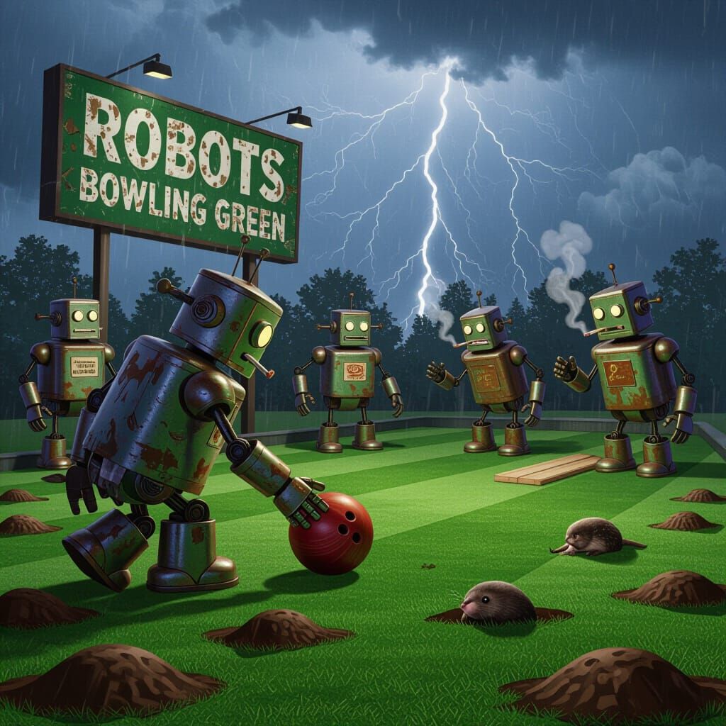 Robots Bowling Green in Dystopian Sci-Fi Style