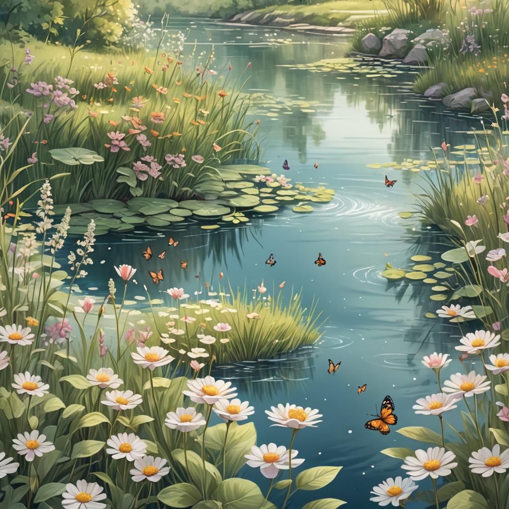 Idyllic Waterway Landscape in Pencil Sketch Style