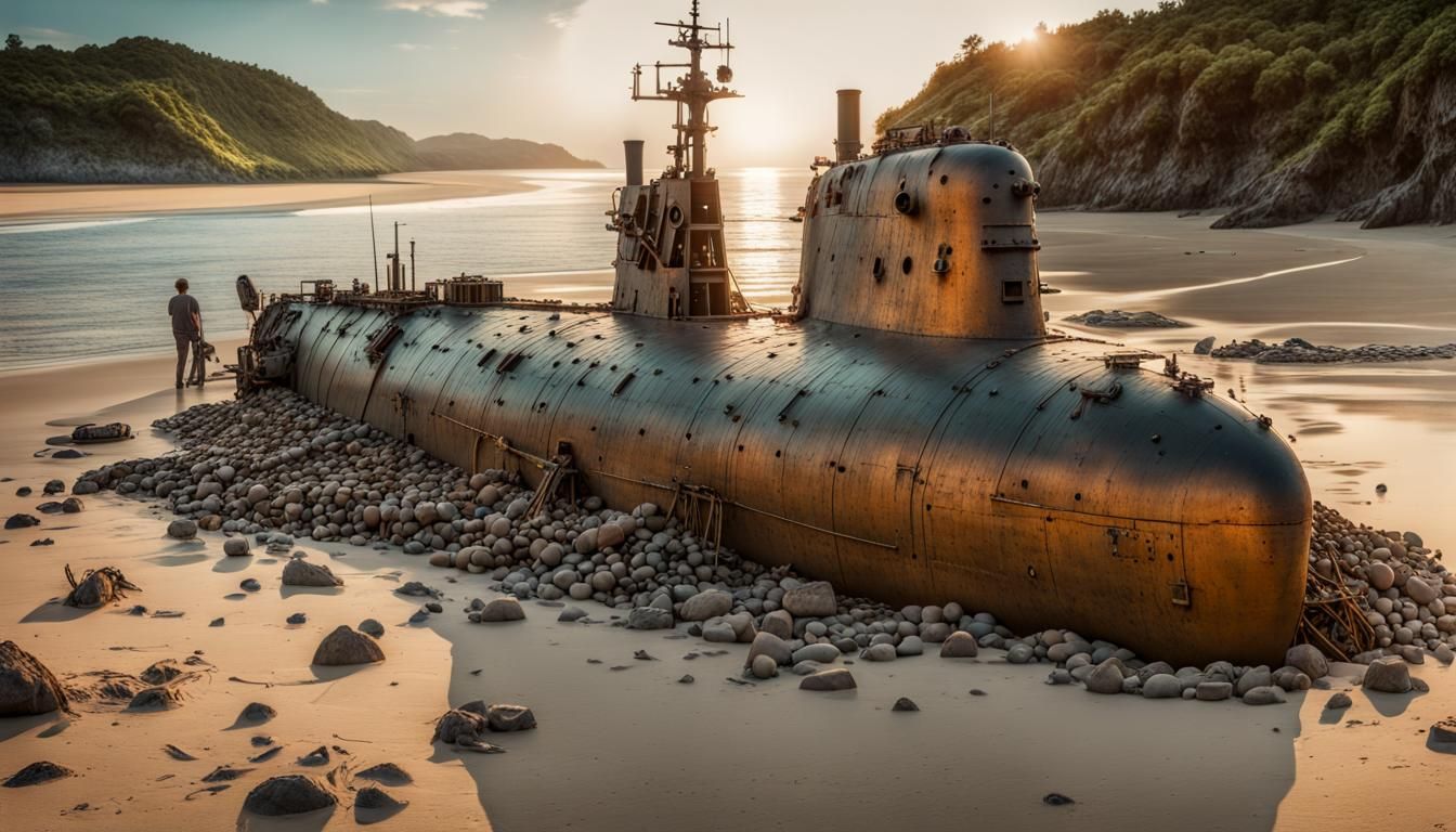 Treasure-Filled Submarine Wreck on Beach in 3D