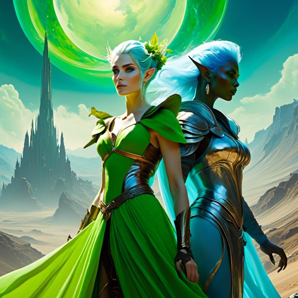 Elf Sorceress and Orc Warrior on Alien Planet