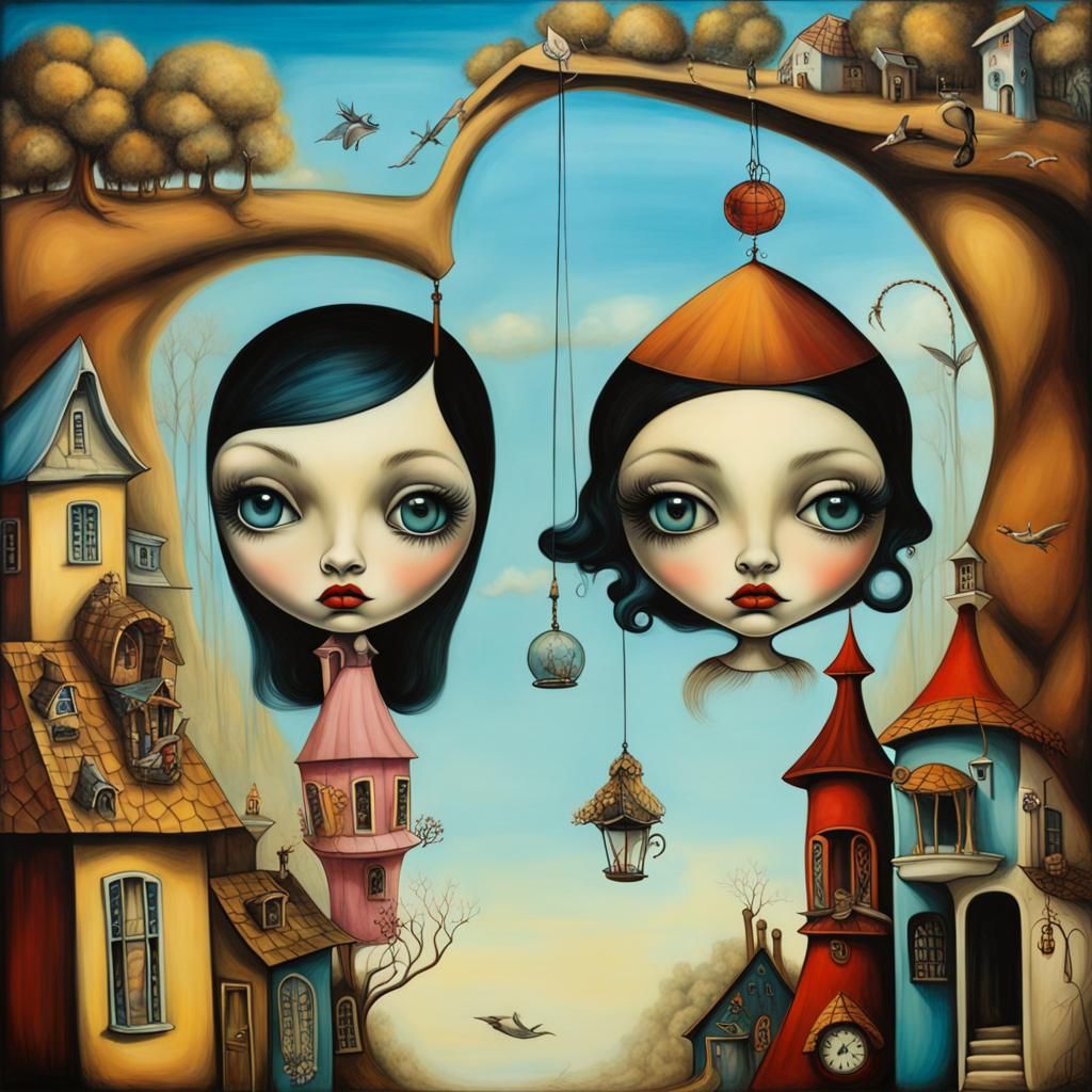 Surreal Village Dreamscape in Surrealist Style