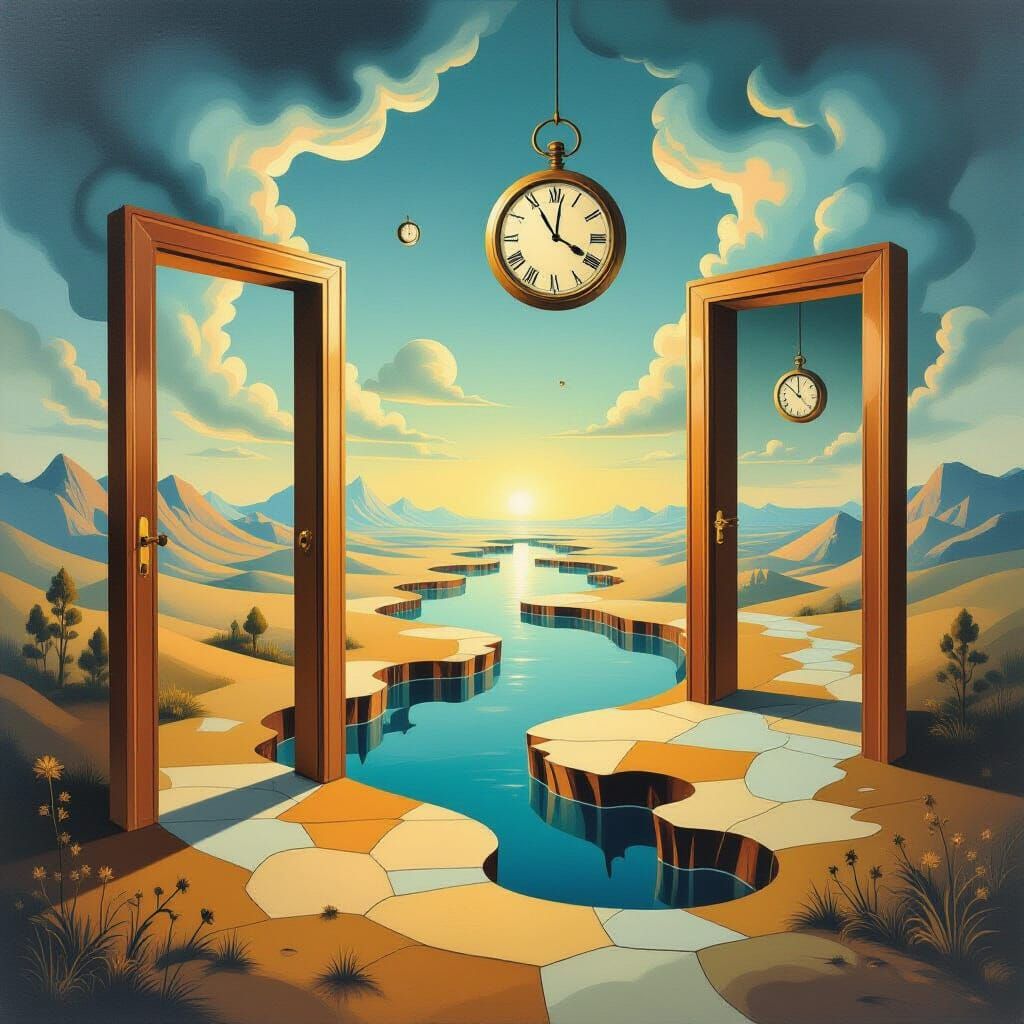 Surreal Dreamscape with Floating Doorways and Melting Clocks