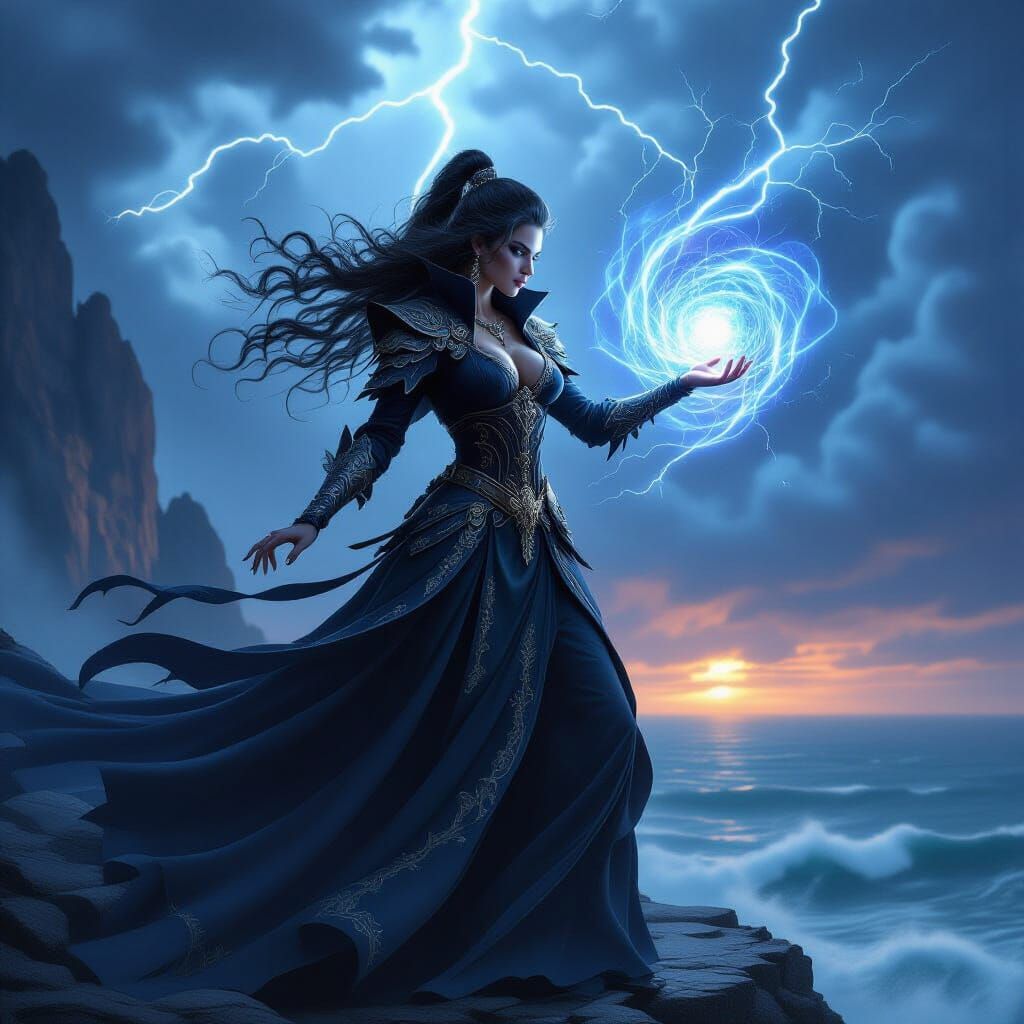 Dark Fantasy Sorceress Commanding Magical Storm on Cliff