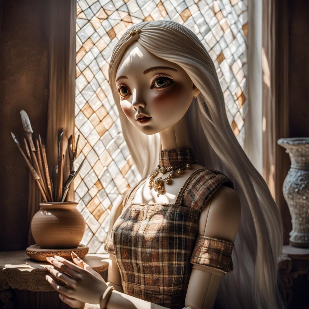 finely detailed Clay doll with eyes made of gem , Using a craft knife to carve the clay into clay vase under sunshine, w...