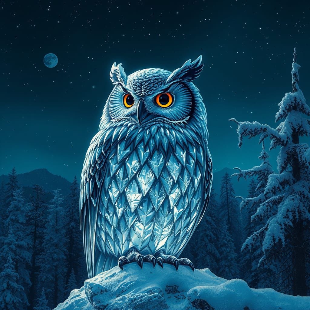 Chrome Crystallized Owl: Dark Surrealist Digital Art