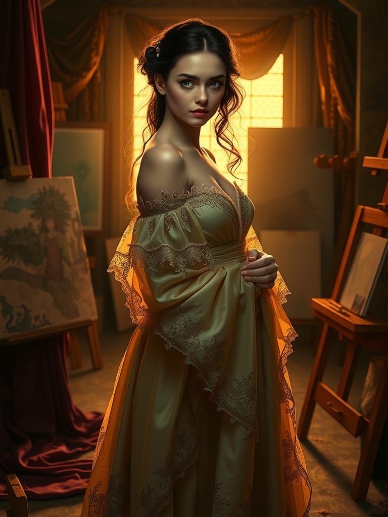 A serene woman with porcelain skin and raven-haired beauty, ...