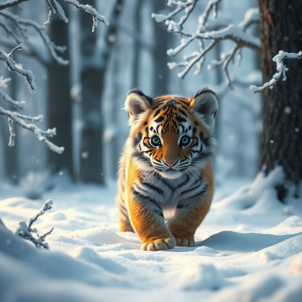 Playful Tiger Cub in Winter Wonderland Scene