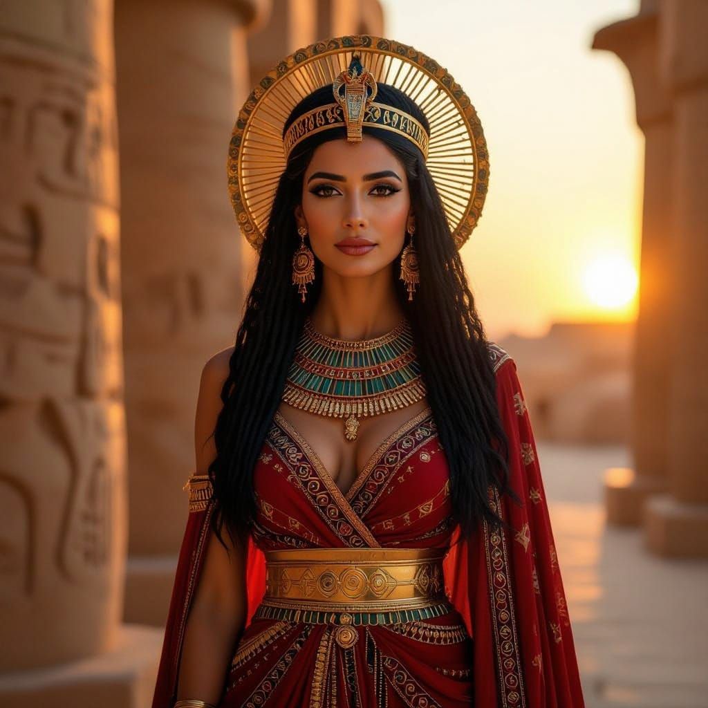 Egyptian Goddess Tenenet in Ancient Temple at Sunset