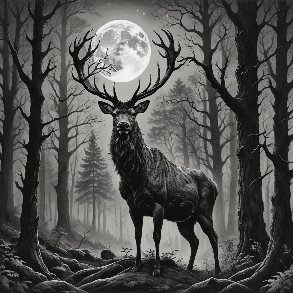 Majestic Stag Silhouette in Moonlit Forest