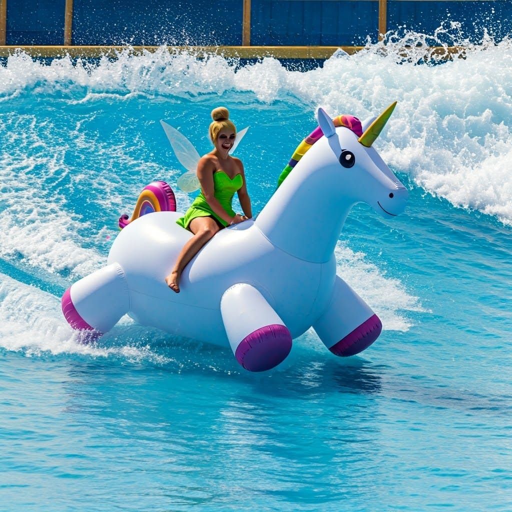 Tinkerbell Rides a Unicorn Pool Toy on a Wave