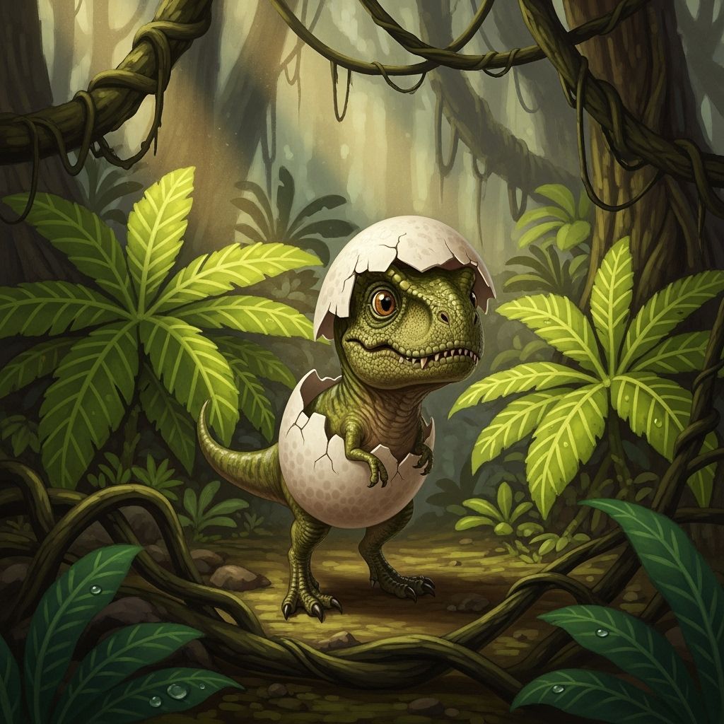 Baby T-Rex Hatching in Lush Jungle